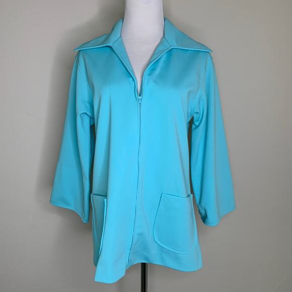 Koko Knits Vintage 70s Aqua Polyester Blazer Zip Closure Sz Medium - Picture 1 of 8